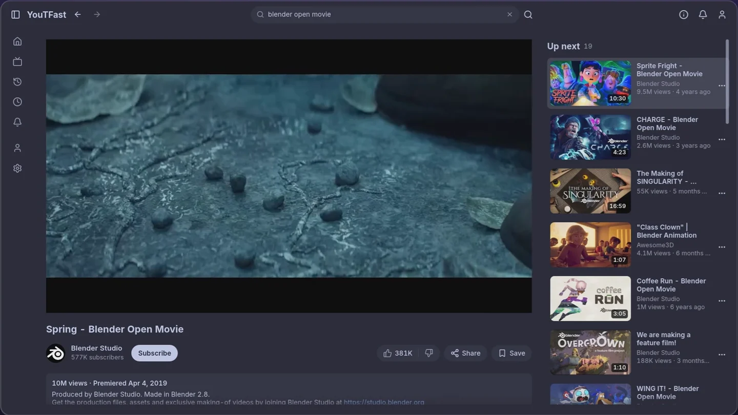 YouTFast playing Spring by Blender Studio, with the video library and recommendations in its native window.